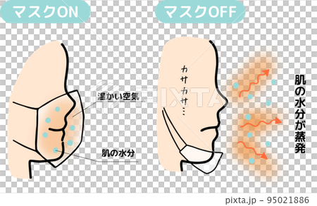 マスクをつけた時と外した時の肌の状態と乾燥の原因についてのイラスト 95021886
