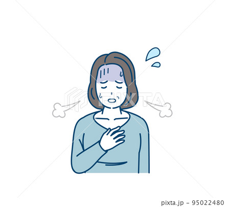 息が苦しい中年の女性　呼吸がつらい　肺気胸　喘息　呼吸困難　症状　イラスト 95022480