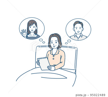 タブレット端末でオンライン面会をする中年の女性　ミドル　入院　病院　お見舞い　イラスト 95022489