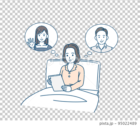 タブレット端末でオンライン面会をする中年の女性　ミドル　入院　病院　お見舞い　イラスト 95022489