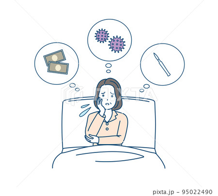 入院中に不安になる中年の女性　　手術　面会禁止　医療費　ミドル　病院　患者　病気　イラスト 95022490
