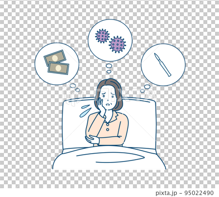 入院中に不安になる中年の女性　　手術　面会禁止　医療費　ミドル　病院　患者　病気　イラスト 95022490