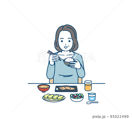 食生活　朝食を食べる　中年の女性　ミドル　健康的な食事　自炊　イラスト 95022499