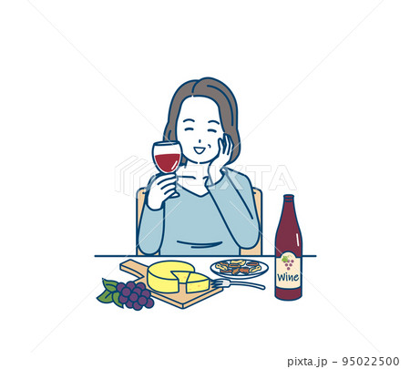 ワインを飲む中年の女性　ミドル　夕食　飲酒　晩酌　イラスト 95022500