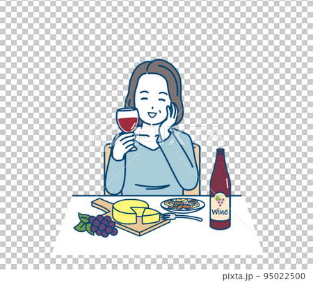ワインを飲む中年の女性　ミドル　夕食　飲酒　晩酌　イラスト 95022500