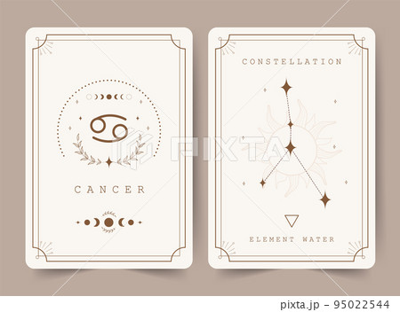 Cancer. Witchcraft cards with astrology zodiac sign and constellation. Perfect for tarot readers and astrologers. Occult magic background. Horoscope template. Vector illustration in boho style 95022544