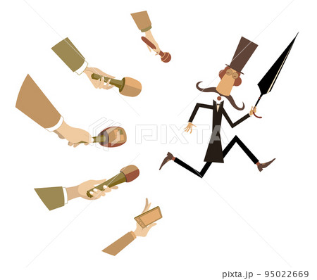 Mass media and running away man concept illustration. Hands of reporters with microphones. Running away politician or businessman in the top hat with an umbrella who does not want to give interview Mass media and running away man concept illustration. Hands of reporters with microphones. Running away politician or businessman in the top hat with an umbrella who does not want to give interview 95022669