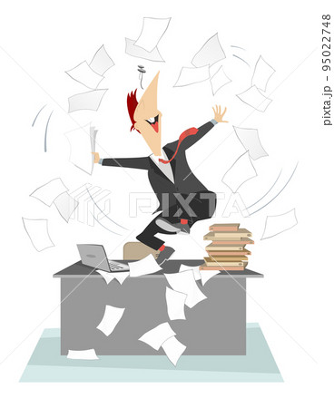 Happy businessman tossing papers and dancing on the table illustration. Smiling person glad to success or the end of work and throws up to the air papers and documents isolated on white background Happy businessman tossing papers and dancing on the table illustration. Smiling person glad to success or the end of work and throws up to the air papers and documents isolated on white background 95022748