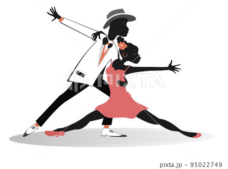 Romantic dancing young African couple isolated illustration. Funny dancing young African man and woman isolated on white Romantic dancing young African couple isolated illustration. Funny dancing young African man and woman isolated on white 95022749