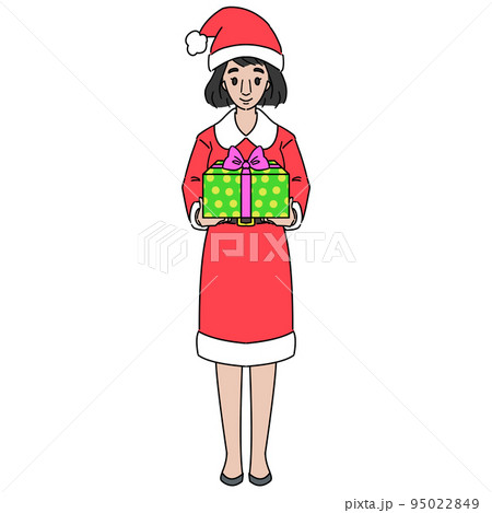 サンタコスチュームでプレゼント箱を差し出す女性　マスクなし 95022849