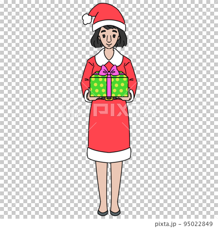 サンタコスチュームでプレゼント箱を差し出す女性　マスクなし 95022849