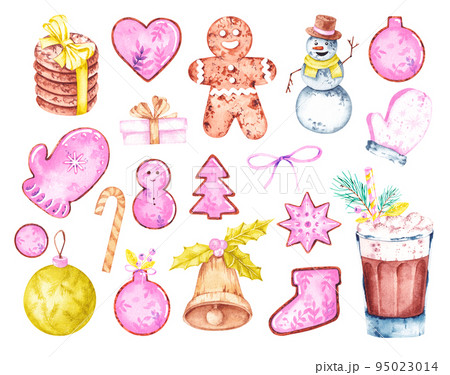 Watercolor Christmas clipart with straight lines and a snowman 95023014