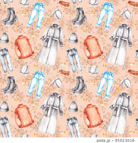 Watercolor pattern with autumn warm clothes and leaves Watercolor pattern with autumn warm clothes and leaves 95023016
