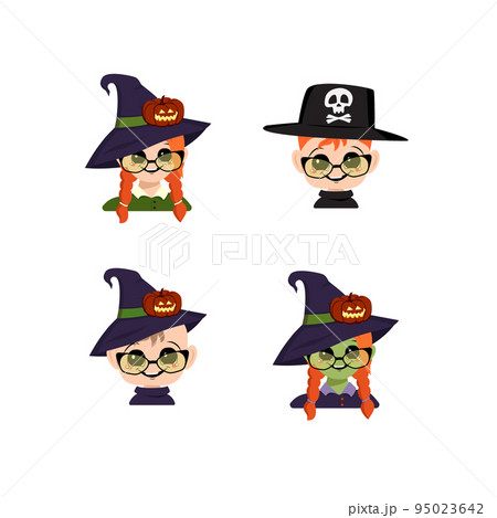 Set of girl, boy and baby with white and green skin, red hair, big eyes, glasses and wide happy smile in pointed witch hat with pumpkin. Head of child with joyful face. Halloween party decoration 95023642