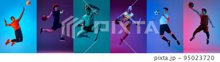 Sport collage of professional athletes posing isolated on multicolored background in neon. Volleyball, basketball, mma, kickboxing, football. Sport collage of professional athletes posing isolated on multicolored background in neon. Volleyball, basketball, mma, kickboxing, football. 95023720