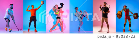 Floorball, volleyball, kickboxing, karate, tennis and weighlifting. Sport collage of professional athletes posing isolated on multicolored background in neon. Floorball, volleyball, kickboxing, karate, tennis and weighlifting. Sport collage of professional athletes posing isolated on multicolored background in neon. 95023722