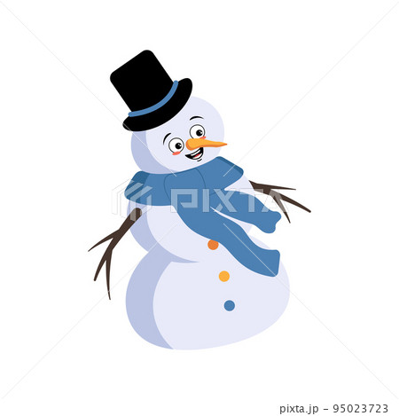 Cute Christmas snowman with joyful emotions, smile face, happy eyes, arms and legs. Joyful New Year festive decoration with kind expression 95023723