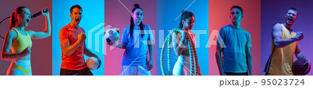 Sport collage of professional athletes posing isolated on multicolored background in neon. Tennis, volleyball, soccer, fitness, basketball. 95023724