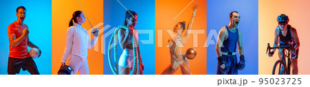 Sport collage of professional athletes posing isolated on multicolored background in neon. Volleyball, boxing, fencing, gymnastics, fitness, cycling. 95023725