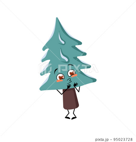Cute Christmas tree falls in love with eyes hearts, kiss face, arms and legs. Pine with eyes. New year festive decoration, joyful fir with kind expression, funny or smile emotions Cute Christmas tree falls in love with eyes hearts, kiss face, arms and legs. Pine with eyes. New year festive decoration, joyful fir with kind expression, funny or smile emotions 95023728
