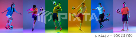 Male and female soccer players in action. Collage of different professional sportsmen in motion isolated on multicolored background in neon light. Male and female soccer players in action. Collage of different professional sportsmen in motion isolated on multicolored background in neon light. 95023730