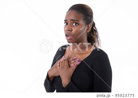 Side view portrait of shocked African American woman Side view portrait of shocked African American woman 95023775