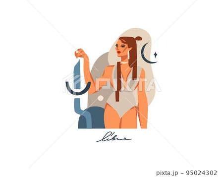 Hand drawn vector stock abstract flat graphic illustration with zodiac astrological contemporary sign Libra with beauty magic female character,cartoon artistic design isolated on white background 95024302