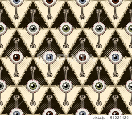 Seamless vintage pattern with rhombus grid of bones, human eyeballs with direct look. Geometric rhombus grid Seamless vintage pattern with rhombus grid of bones, human eyeballs with direct look. Geometric rhombus grid 95024426