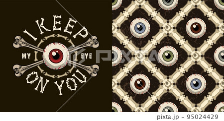 Halloween set. Pattern with rhombus grid of bones, squares, human eyeballs with direct look. Halloween set. Pattern with rhombus grid of bones, squares, human eyeballs with direct look. 95024429
