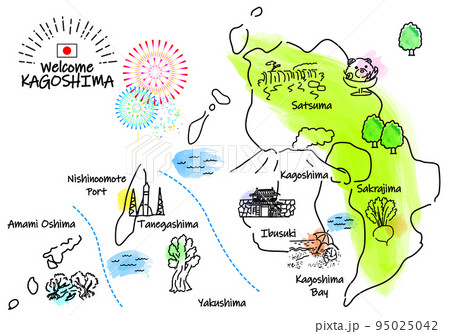 鹿児島県の観光地のシンプル線画イラストマップ 95025042