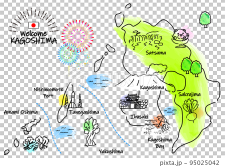 鹿児島県の観光地のシンプル線画イラストマップ 95025042