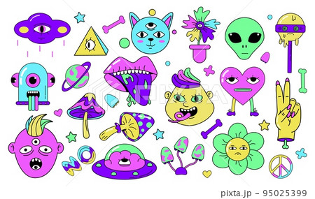 Psychedelic characters set. Skull and alien emoji sticker, crazy doodle smiling creatures. Retro surreal trippy hippie symbols, funny happy elements bright acid colors. Vector illustration design Psychedelic characters set. Skull and alien emoji sticker, crazy doodle smiling creatures. Retro surreal trippy hippie symbols, funny happy elements bright acid colors. Vector illustration design 95025399