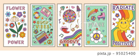 Retro groovy posters. Cute chamomile and daisy flowers and mushrooms, psychedelic hippy banners. 70s love power hand drawn collection, summer sun and heart cards. Vector cartoon good vibes prints Retro groovy posters. Cute chamomile and daisy flowers and mushrooms, psychedelic hippy banners. 70s love power hand drawn collection, summer sun and heart cards. Vector cartoon good vibes prints 95025400
