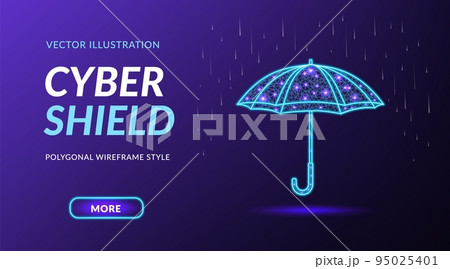 Umbrella protect, 3d cyber shield. Landing page template. Abstract rain security, life defence object, futuristic assurance. Information or network protection. Wireframe design. Vector digital concept Umbrella protect, 3d cyber shield. Landing page template. Abstract rain security, life defence object, futuristic assurance. Information or network protection. Wireframe design. Vector digital concept 95025401