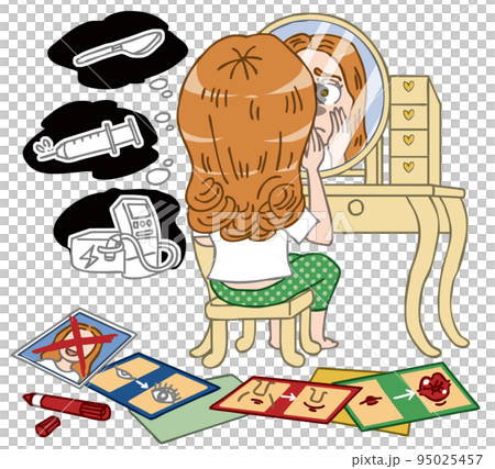 物憂げに鏡を見つめる美容整形依存症の人 物憂げに鏡を見つめる美容整形依存症の人 95025457