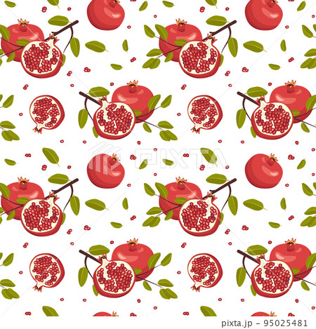 Seamless pattern with whole and half red pomegranate with seeds and branch with leaves. Healthy fruits print on white background. Sweet food for diet. Vector flat illustration Seamless pattern with whole and half red pomegranate with seeds and branch with leaves. Healthy fruits print on white background. Sweet food for diet. Vector flat illustration 95025481