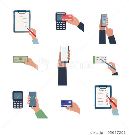 The concept of business, payment and finance. A set of vector illustrations contactless payment, credit card or cash, contract signing, phone, receipt 95027201