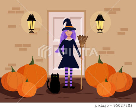 A girl in a witch costume with broom and a black cat it stands on the wing of the house. Cartoon scene for Halloween. Vector illustration. 95027203