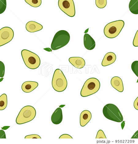Seamless Pattern Avocado set of whole and halves with a bone. Vector illustration of fresh avocado fruit. Seamless Pattern Avocado set of whole and halves with a bone. Vector illustration of fresh avocado fruit. 95027209