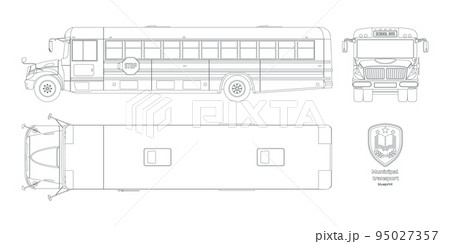 Isolated school bus drawing. Outline blueprint of municipal transport. Top, side, front vehicle view. Academy lorry. Industrial clipart Isolated school bus drawing. Outline blueprint of municipal transport. Top, side, front vehicle view. Academy lorry. Industrial clipart 95027357