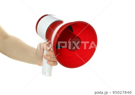 Female hand with megaphone isolated on white background 95027640