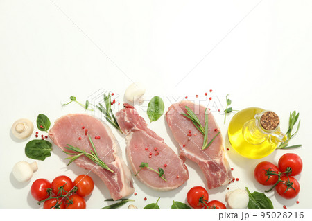 Concept of cooking on white background, cooking meat Concept of cooking on white background, cooking meat 95028216