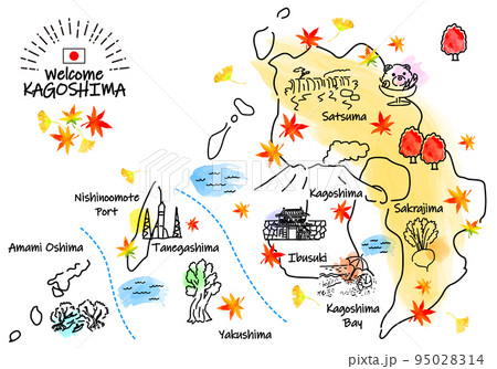秋の鹿児島県の観光地のシンプル線画イラストマップ 秋の鹿児島県の観光地のシンプル線画イラストマップ 95028314