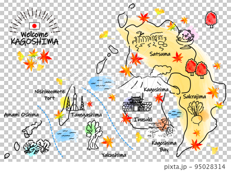 秋の鹿児島県の観光地のシンプル線画イラストマップ 秋の鹿児島県の観光地のシンプル線画イラストマップ 95028314