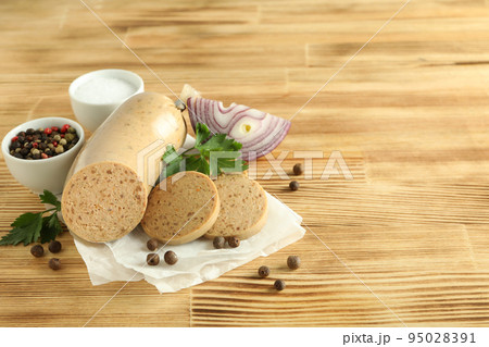 Concept of tasty food, liverwurst sausage, space for text 95028391