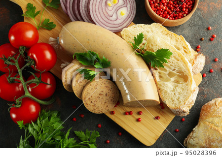 Concept of tasty food, liverwurst sausage, top view 95028396