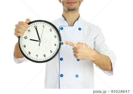 Concept of cooking, chef with clock isolated on white background Concept of cooking, chef with clock isolated on white background 95028647