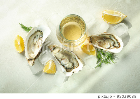 Concept of delicious seafood, oysters, top view Concept of delicious seafood, oysters, top view 95029038