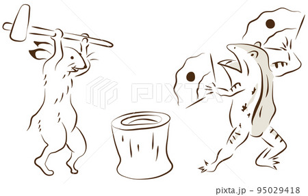 鳥獣戯画　餅をつくウサギとカエル 95029418