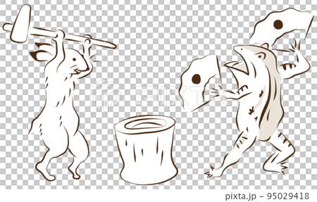 鳥獣戯画　餅をつくウサギとカエル 95029418